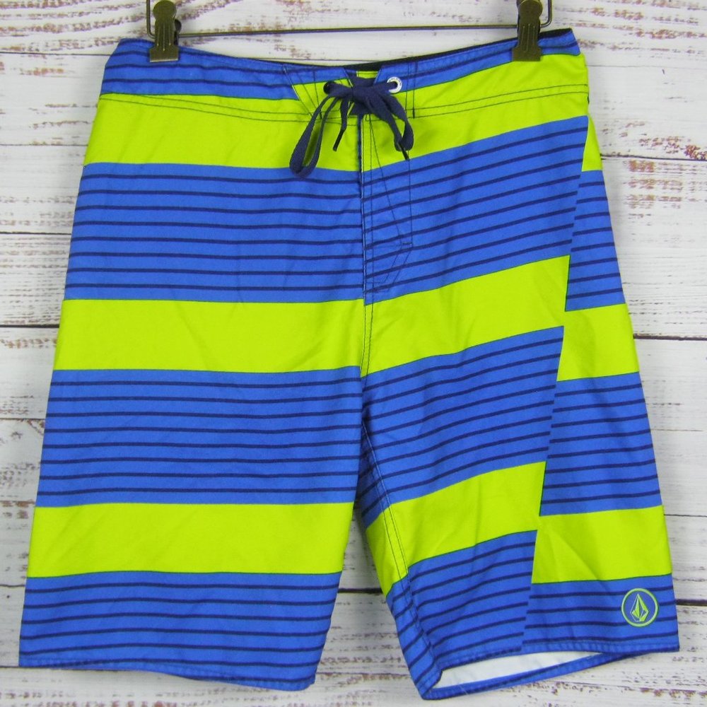 Volcom Mens Boys HAUGG Board Shorts Swim Trunks Blue Lime Green Stripes 30